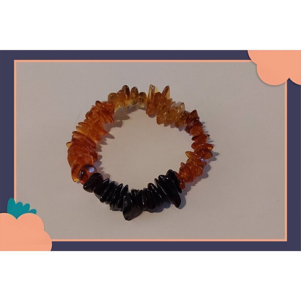 Pretty New Genuine Amber & Black Agate Gemstones Stretch Style Stack Bracelet